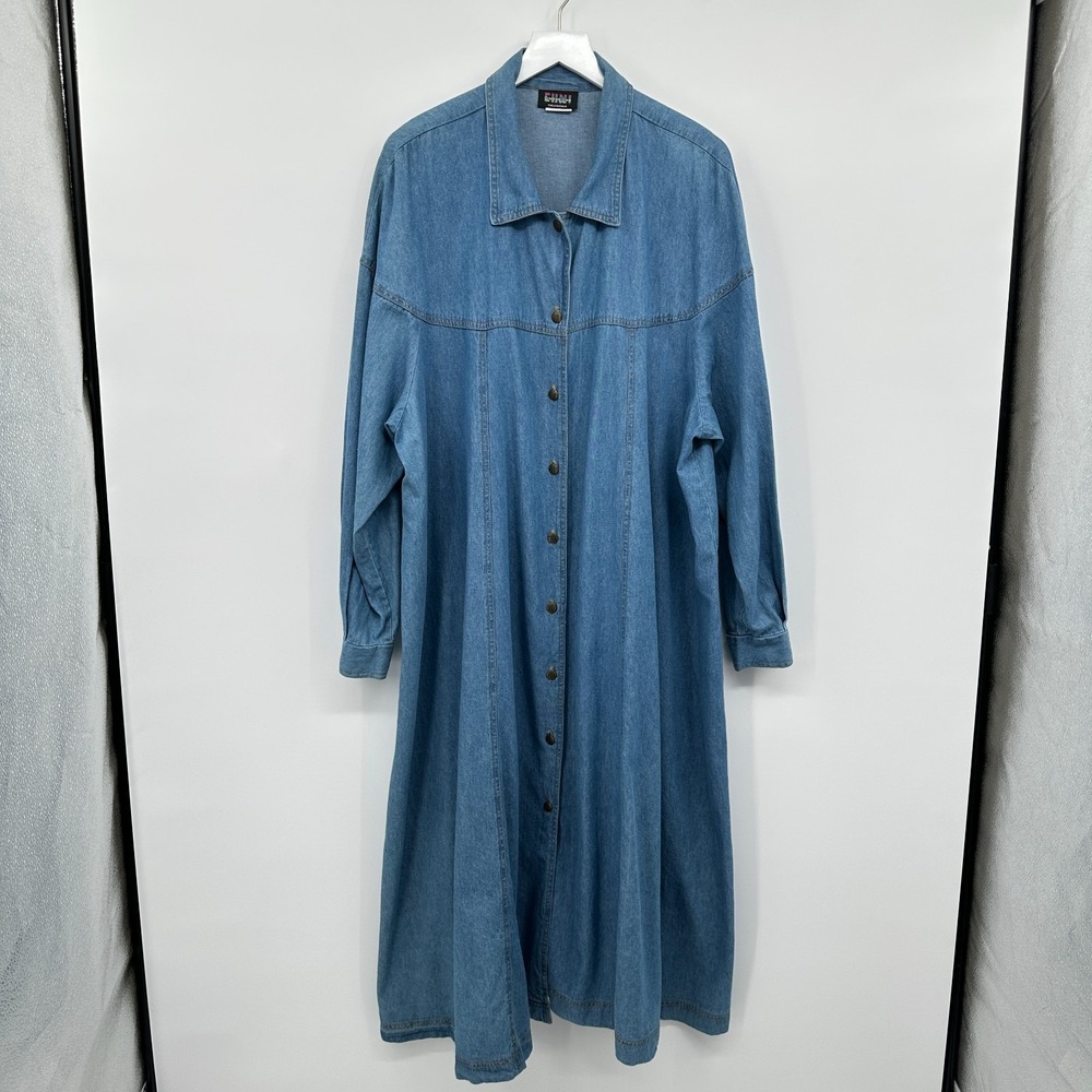 Vintage Denim Midi Dress Plus Size 16W Button‎ Front Flowy Boho Cottagecore USA